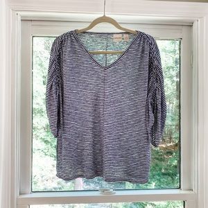 Chico’s Size 2 Blue White Striped V-Neck Ruched Sleeve Top